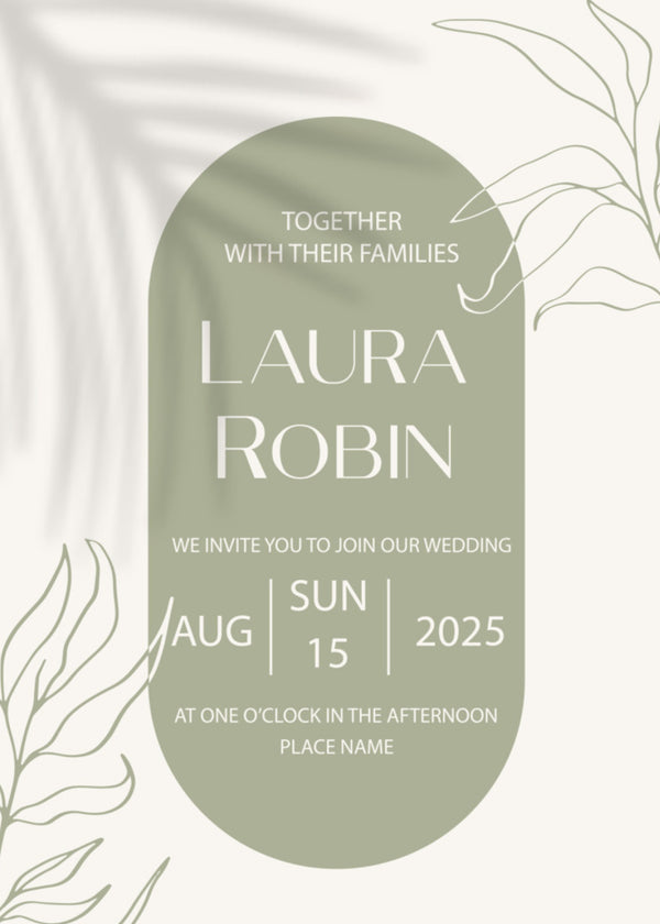 Wedding invitation card design with a muted sage green oval centered on a warm off-white background, decorated with delicate botanical line drawings.