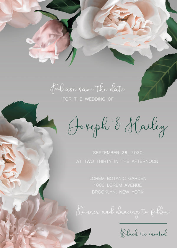 Grey Peony — Blush Floral Save the Date