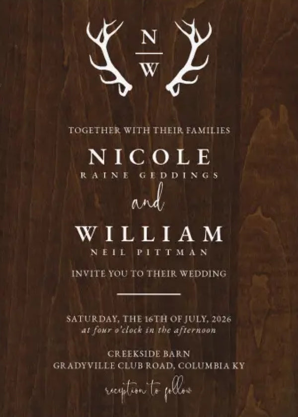 Antler — Dark Wood Wedding Invitation