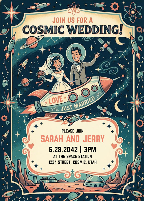 Retro Rocket — Cosmic Wedding Invitation
