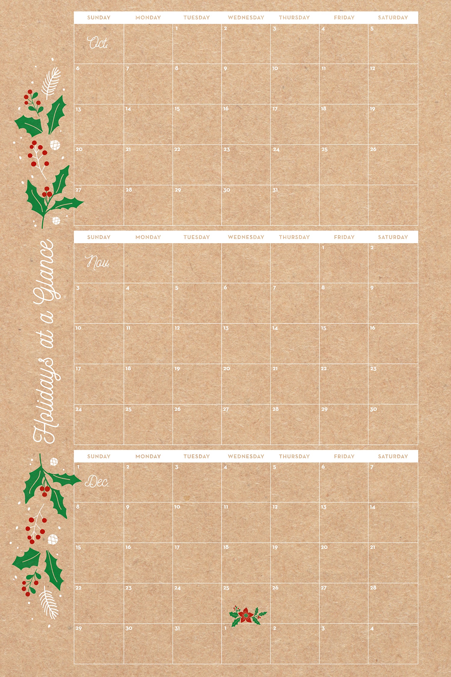 Holiday at a Glance Calendar