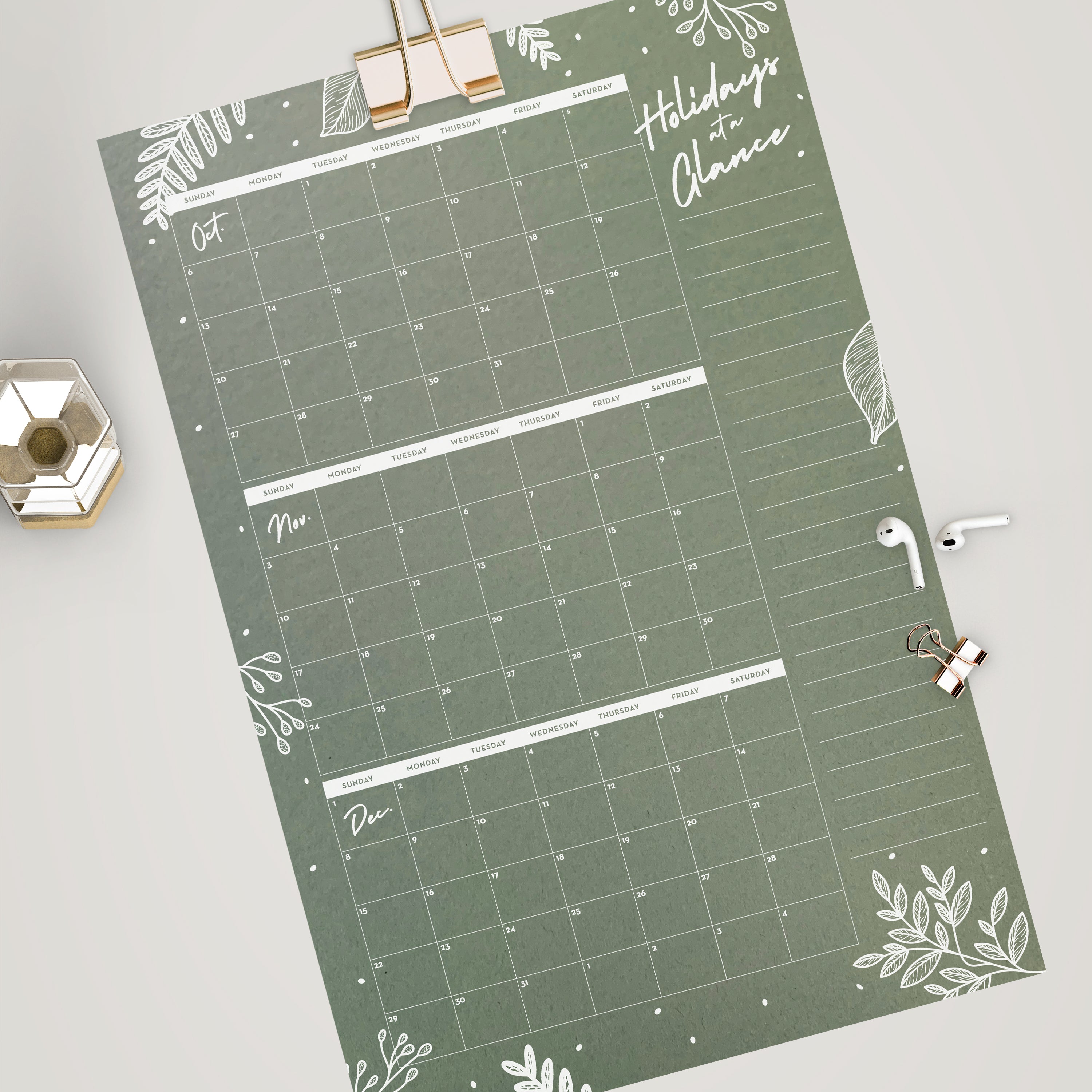 Holiday at a Glance Calendar with List