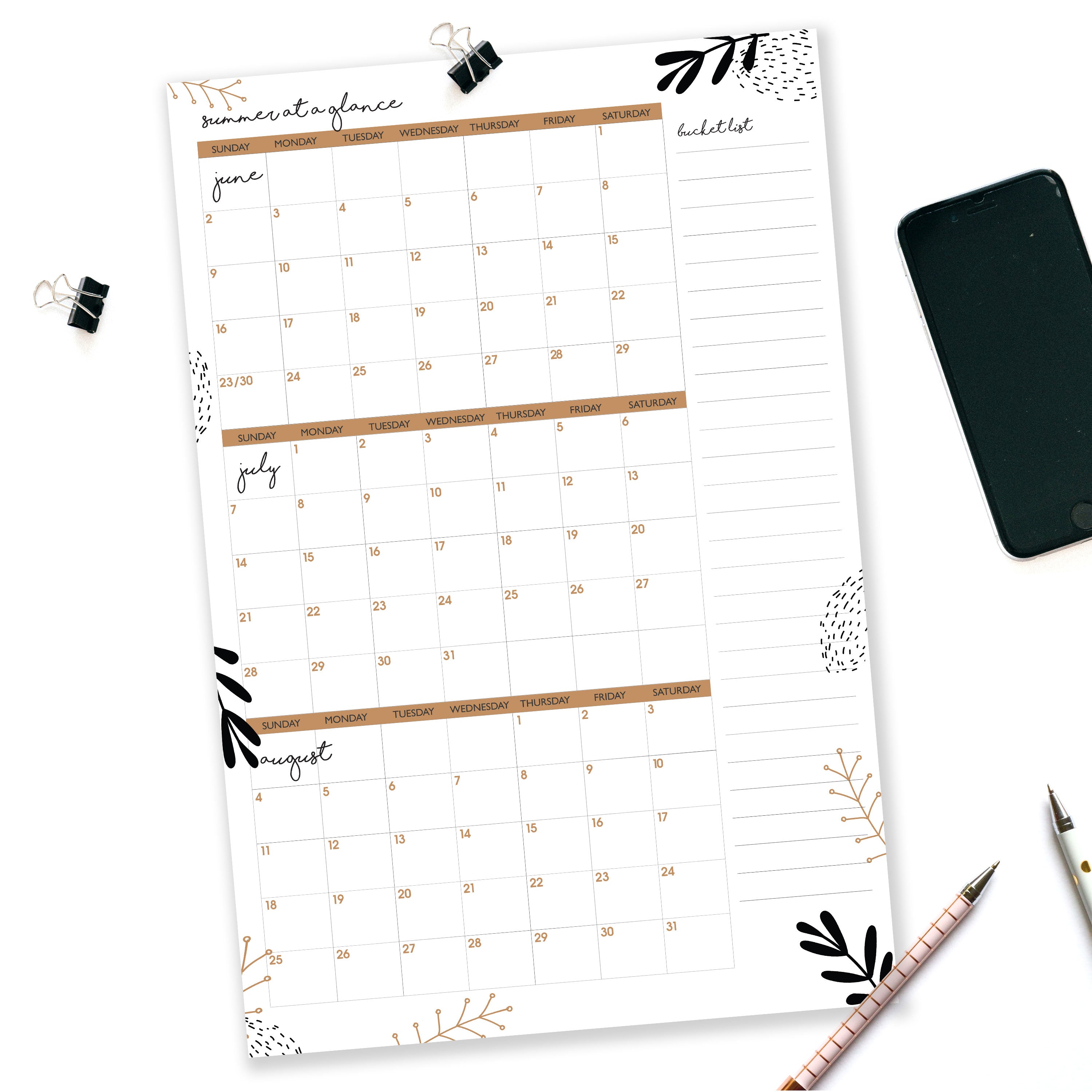 Summer at a Glance Calendar with Bucketlist